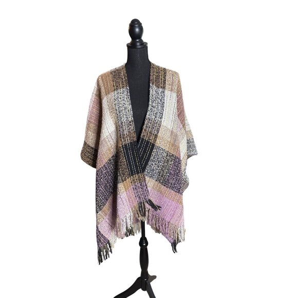 Vince Camuto Women's Plaid Knit Ruana Pink/Black/Tan OS - Picture 1 of 6